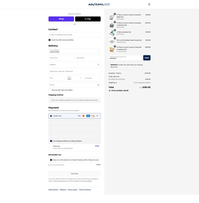 Rachael Ray checkout page showing Rachael Ray discount code box | Screenshot taken by SimplyCodes community member on Aug 30, 2025