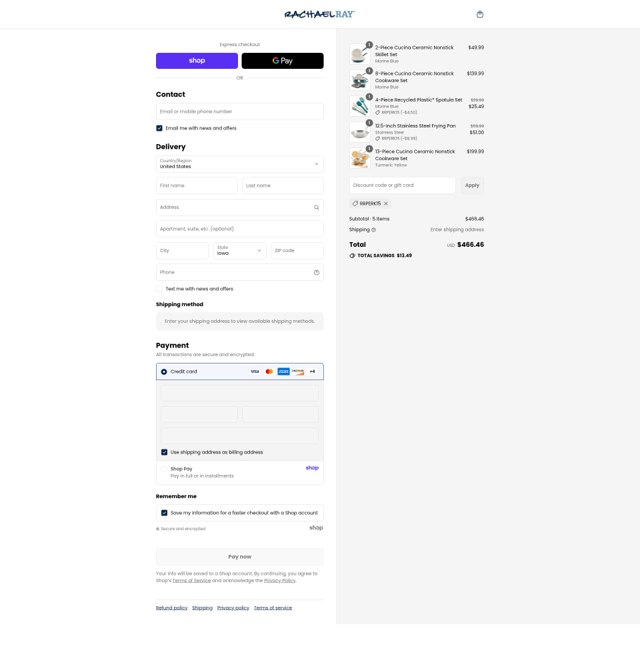 Rachael Ray checkout page showing Rachael Ray discount code box | Screenshot taken by SimplyCodes community member on Sep 8, 2025