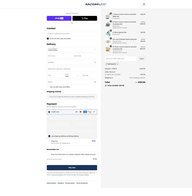 Rachael Ray checkout page showing Rachael Ray discount code box | Screenshot taken by SimplyCodes community member on Aug 26, 2025