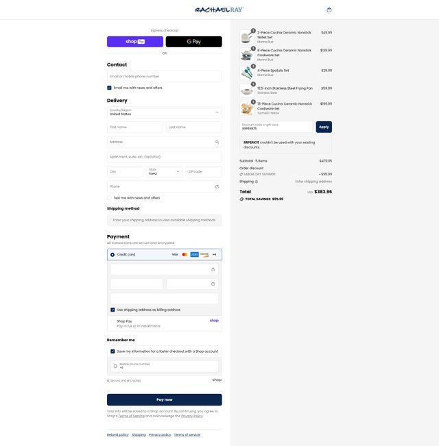 Rachael Ray checkout page showing Rachael Ray discount code box | Screenshot taken by SimplyCodes community member on Aug 26, 2025