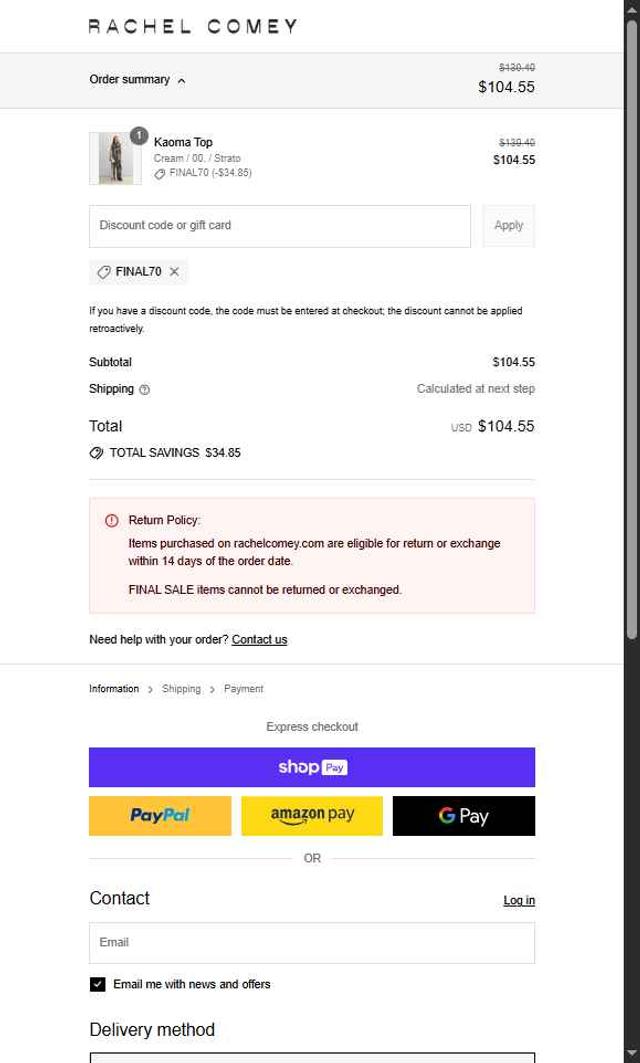 Rachel Comey checkout page showing Rachel Comey discount code box | Screenshot taken by SimplyCodes community member on Aug 1, 2025