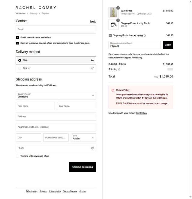 Rachel Comey checkout page showing Rachel Comey discount code box | Screenshot taken by SimplyCodes community member on Aug 4, 2025