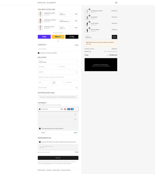 Rachel Gilbert checkout page showing Rachel Gilbert discount code box | Screenshot taken by SimplyCodes community member on Sep 7, 2025