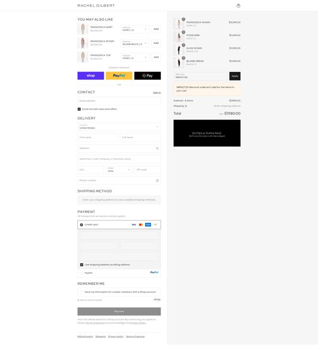 Rachel Gilbert checkout page showing Rachel Gilbert discount code box | Screenshot taken by SimplyCodes community member on Sep 11, 2025