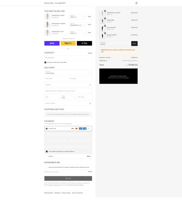 Rachel Gilbert checkout page showing Rachel Gilbert discount code box | Screenshot taken by SimplyCodes community member on Sep 7, 2025
