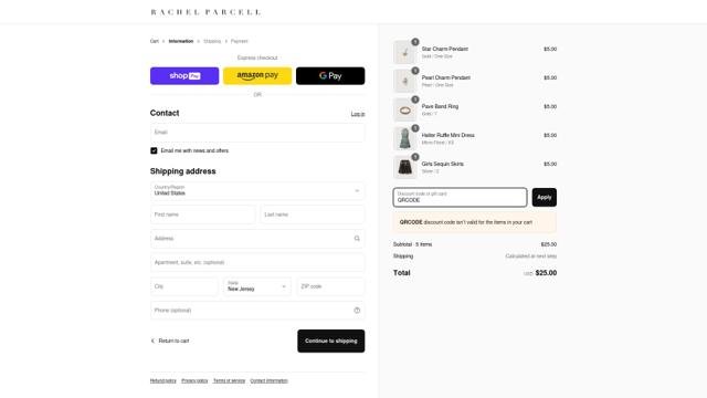 Rachel Parcell checkout page showing Rachel Parcell promo code box | Screenshot taken by SimplyCodes community member on May 17, 2025