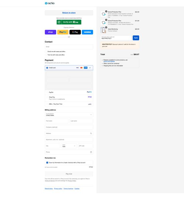 Rachio checkout page showing Rachio discount code box | Screenshot taken by SimplyCodes community member on Sep 10, 2025