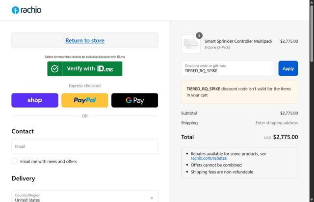 Rachio checkout page showing Rachio discount code box | Screenshot taken by SimplyCodes community member on Sep 9, 2025