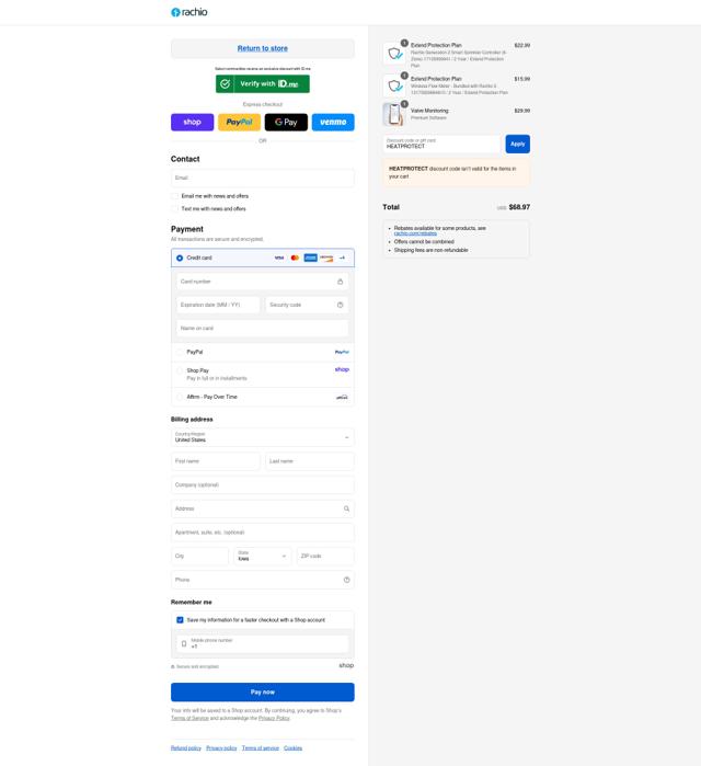 Rachio checkout page showing Rachio discount code box | Screenshot taken by SimplyCodes community member on Sep 6, 2025