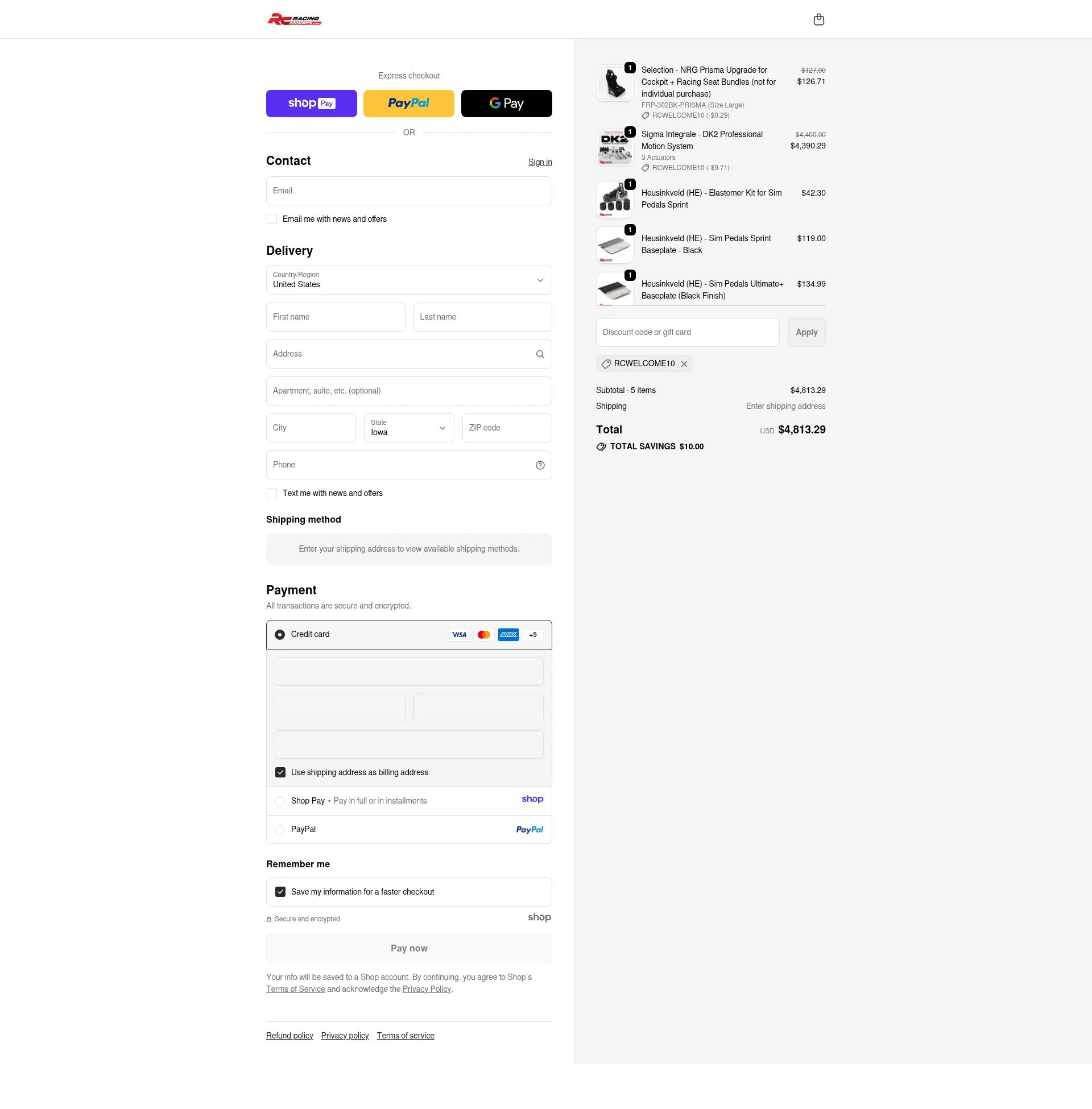 Racing Cockpits checkout page showing Racing Cockpits promo code box | Screenshot taken by SimplyCodes community member on Jan 10, 2026