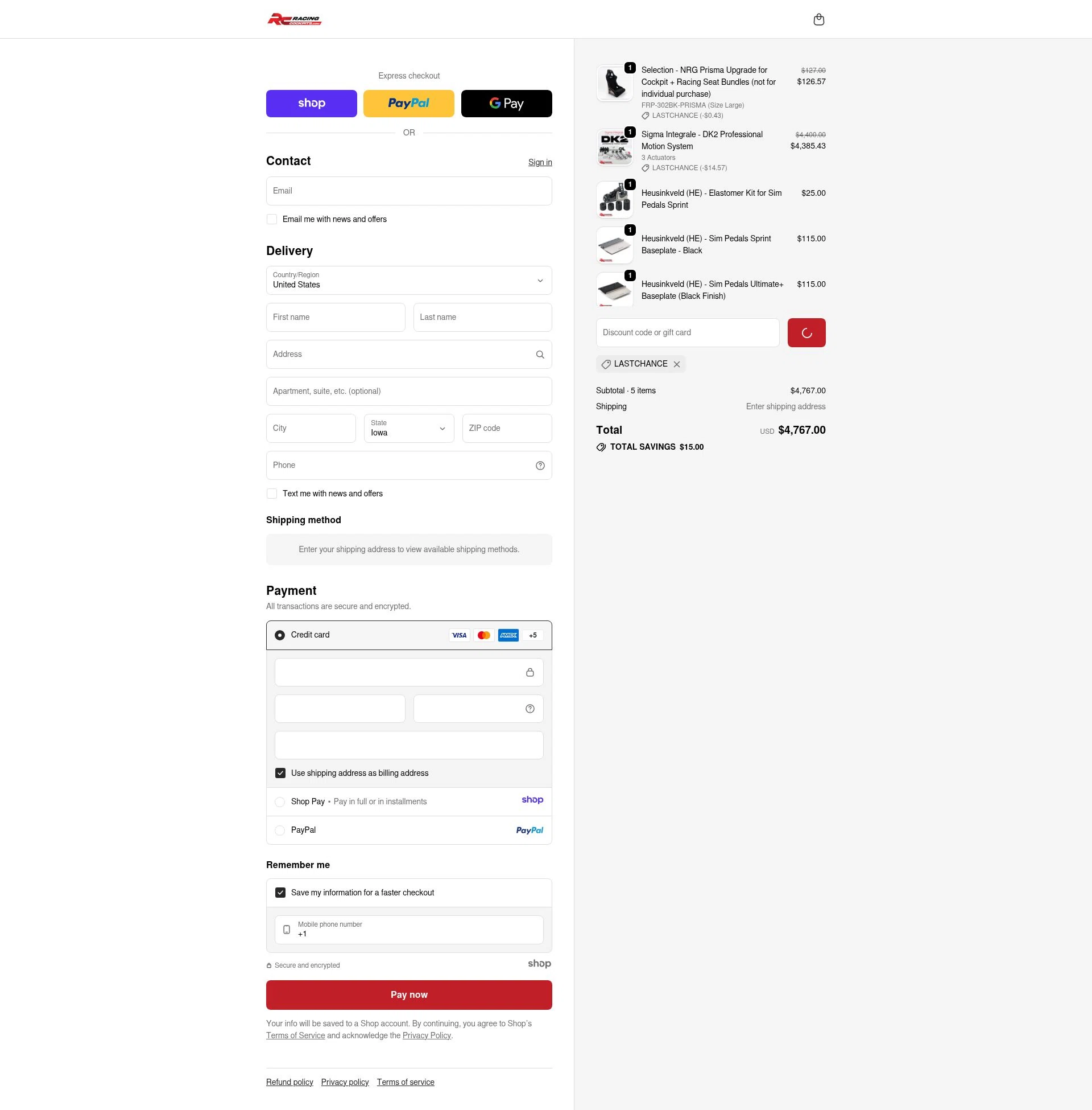 Racing Cockpits checkout page showing Racing Cockpits promo code box | Screenshot taken by SimplyCodes community member on Dec 26, 2025