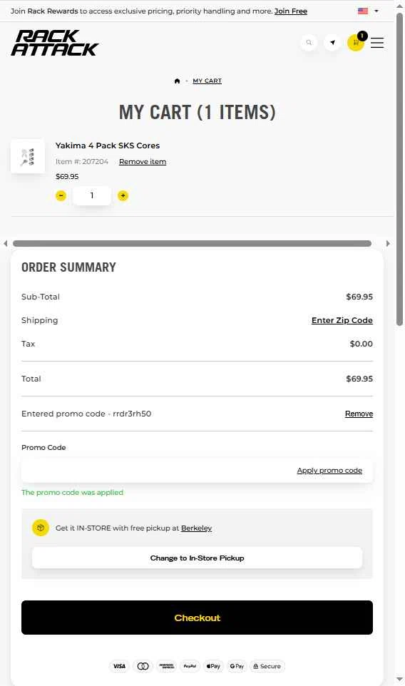 Rack Attack checkout page showing Rack Attack promo code box | Screenshot taken by SimplyCodes community member on Sep 30, 2025
