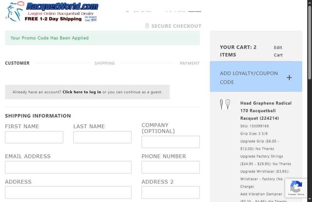 Racquetworld checkout page showing Racquetworld coupon code box | Screenshot taken by SimplyCodes community member on Aug 14, 2025