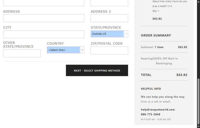 Racquetworld checkout page showing Racquetworld coupon code box | Screenshot taken by SimplyCodes community member on Aug 19, 2025