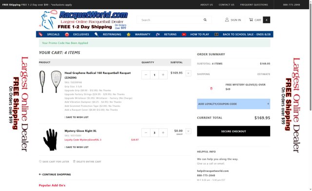 Racquetworld checkout page showing Racquetworld coupon code box | Screenshot taken by SimplyCodes community member on Aug 28, 2025