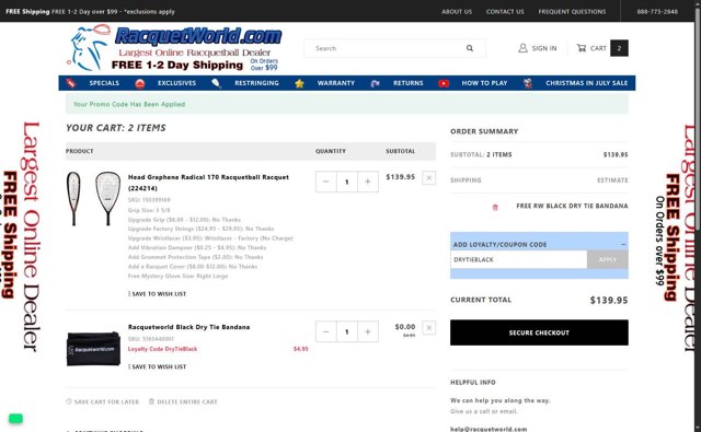 Racquetworld checkout page showing Racquetworld coupon code box | Screenshot taken by SimplyCodes community member on Jul 16, 2025