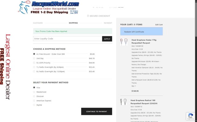 Racquetworld checkout page showing Racquetworld coupon code box | Screenshot taken by SimplyCodes community member on Jun 6, 2025