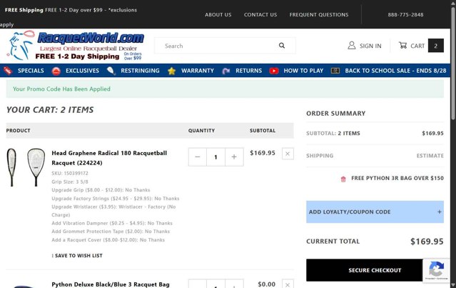 Racquetworld checkout page showing Racquetworld coupon code box | Screenshot taken by SimplyCodes community member on Aug 26, 2025