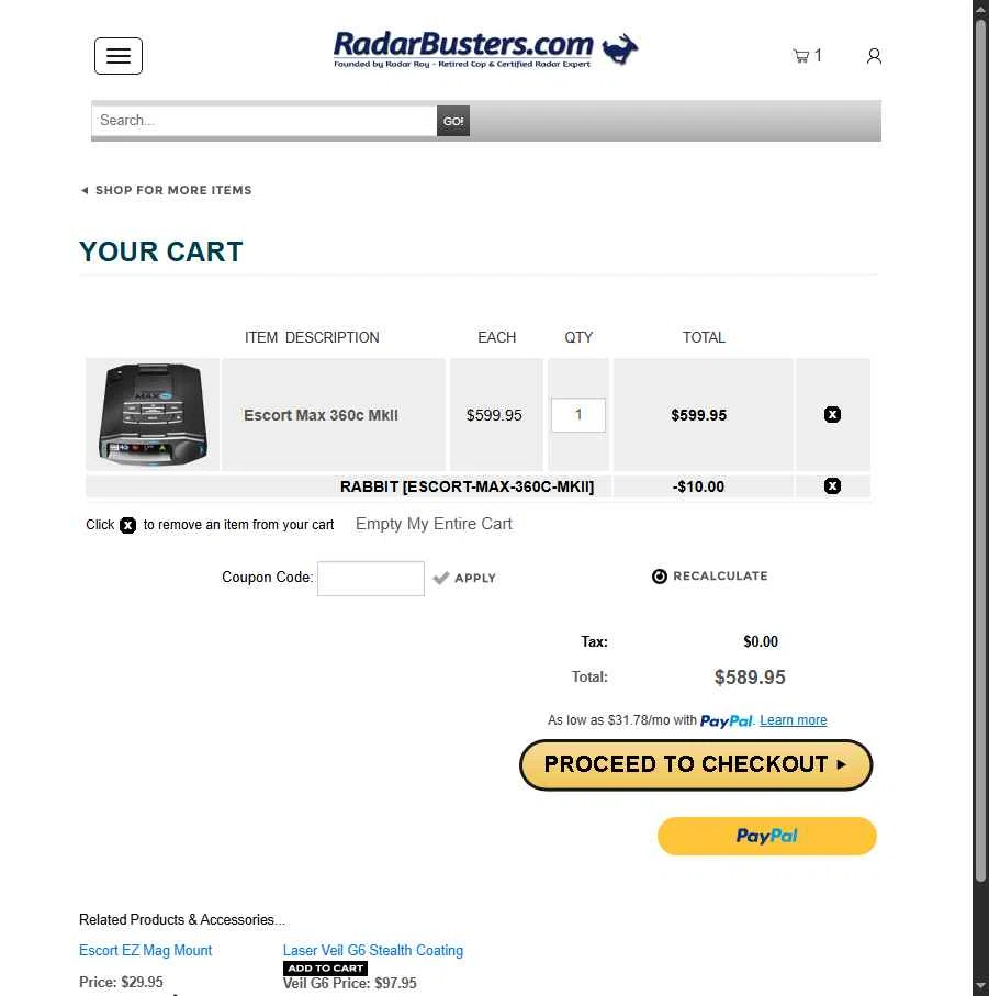 RadarBusters.com checkout page showing RadarBusters.com coupon code box | Screenshot taken by SimplyCodes community member on Jul 2, 2025