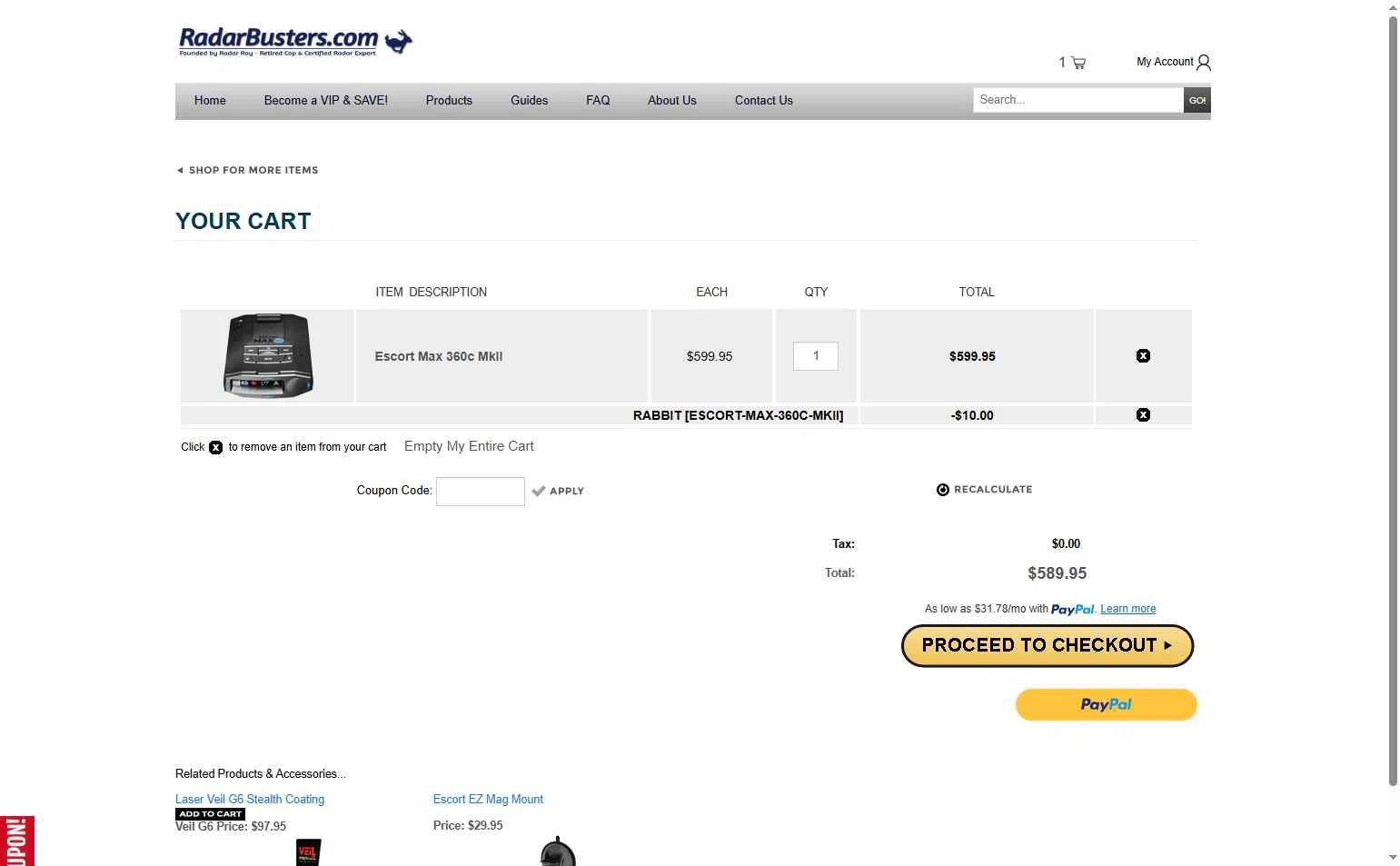RadarBusters.com checkout page showing RadarBusters.com coupon code box | Screenshot taken by SimplyCodes community member on Jul 2, 2025