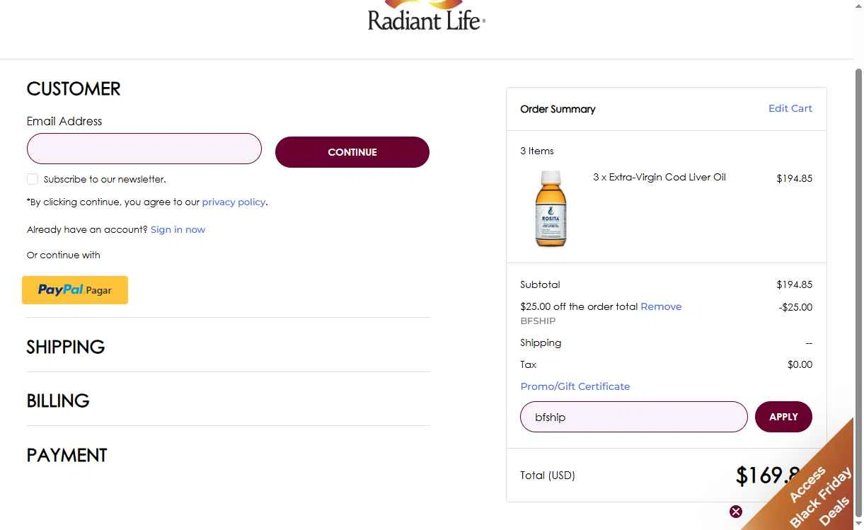 Radiant Life checkout page showing Radiant Life promo code box | Screenshot taken by SimplyCodes community member on Nov 20, 2025