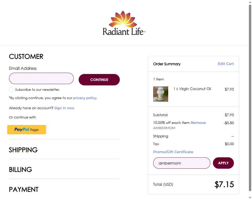 Radiant Life checkout page showing Radiant Life promo code box | Screenshot taken by SimplyCodes community member on Oct 24, 2025