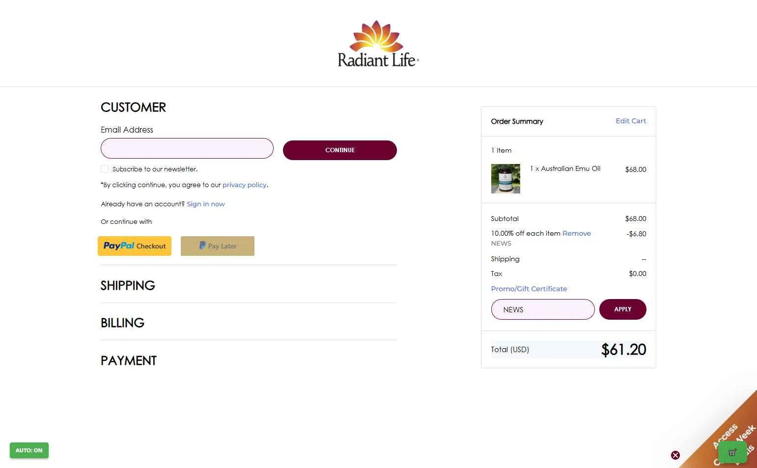 Radiant Life checkout page showing Radiant Life promo code box | Screenshot taken by SimplyCodes community member on Dec 5, 2025