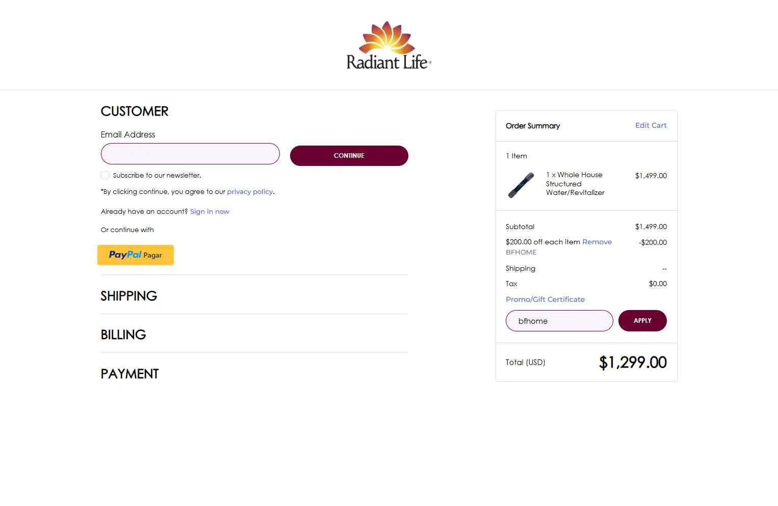 Radiant Life checkout page showing Radiant Life promo code box | Screenshot taken by SimplyCodes community member on Dec 12, 2025