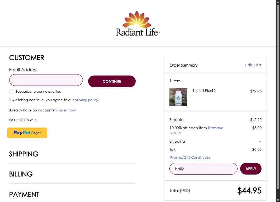 Radiant Life checkout page showing Radiant Life promo code box | Screenshot taken by SimplyCodes community member on Dec 7, 2025