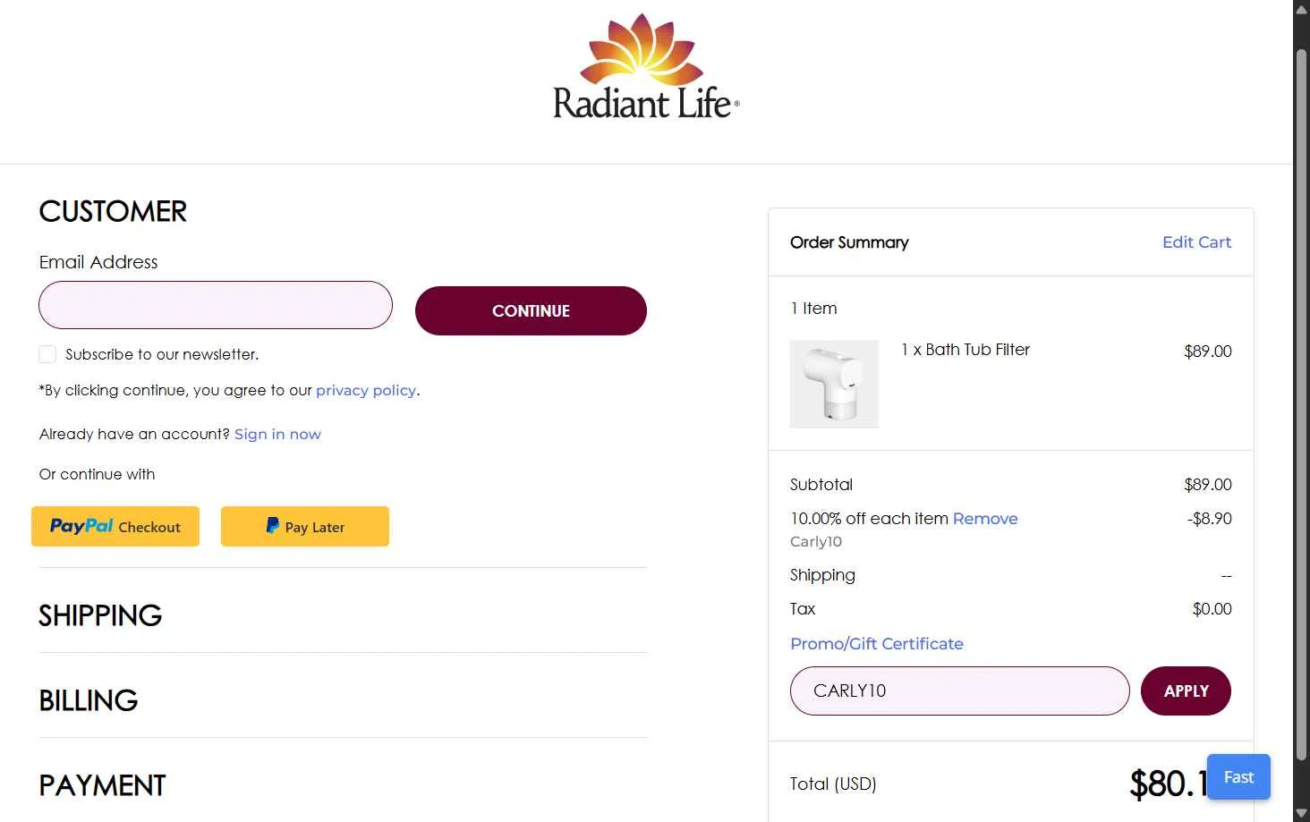 Radiant Life checkout page showing Radiant Life promo code box | Screenshot taken by SimplyCodes community member on Oct 19, 2025