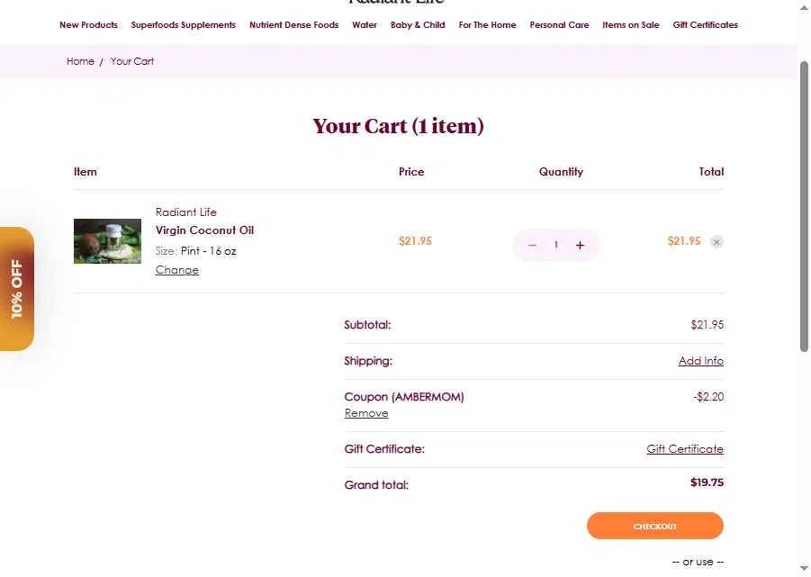 Radiant Life checkout page showing Radiant Life promo code box | Screenshot taken by SimplyCodes community member on Nov 6, 2025