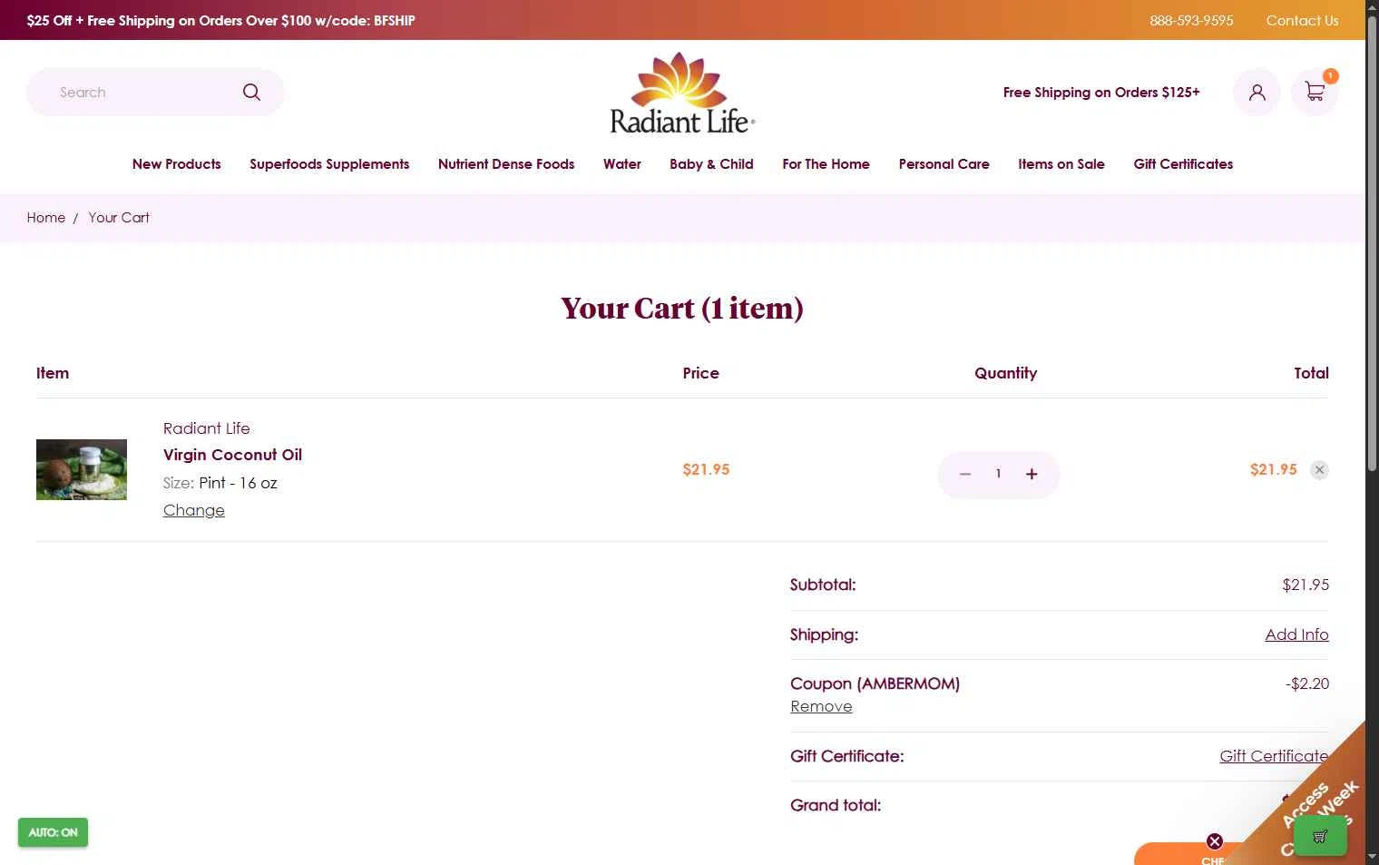 Radiant Life checkout page showing Radiant Life promo code box | Screenshot taken by SimplyCodes community member on Dec 5, 2025
