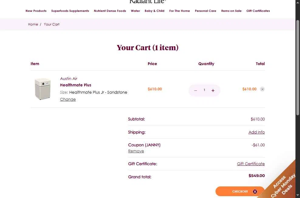 Radiant Life checkout page showing Radiant Life promo code box | Screenshot taken by SimplyCodes community member on Dec 2, 2025