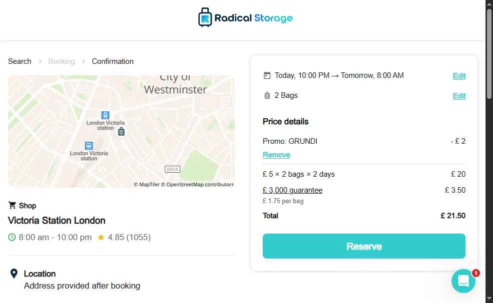 Radical Storage checkout page showing Radical Storage promo code box | Screenshot taken by SimplyCodes community member on May 9, 2025