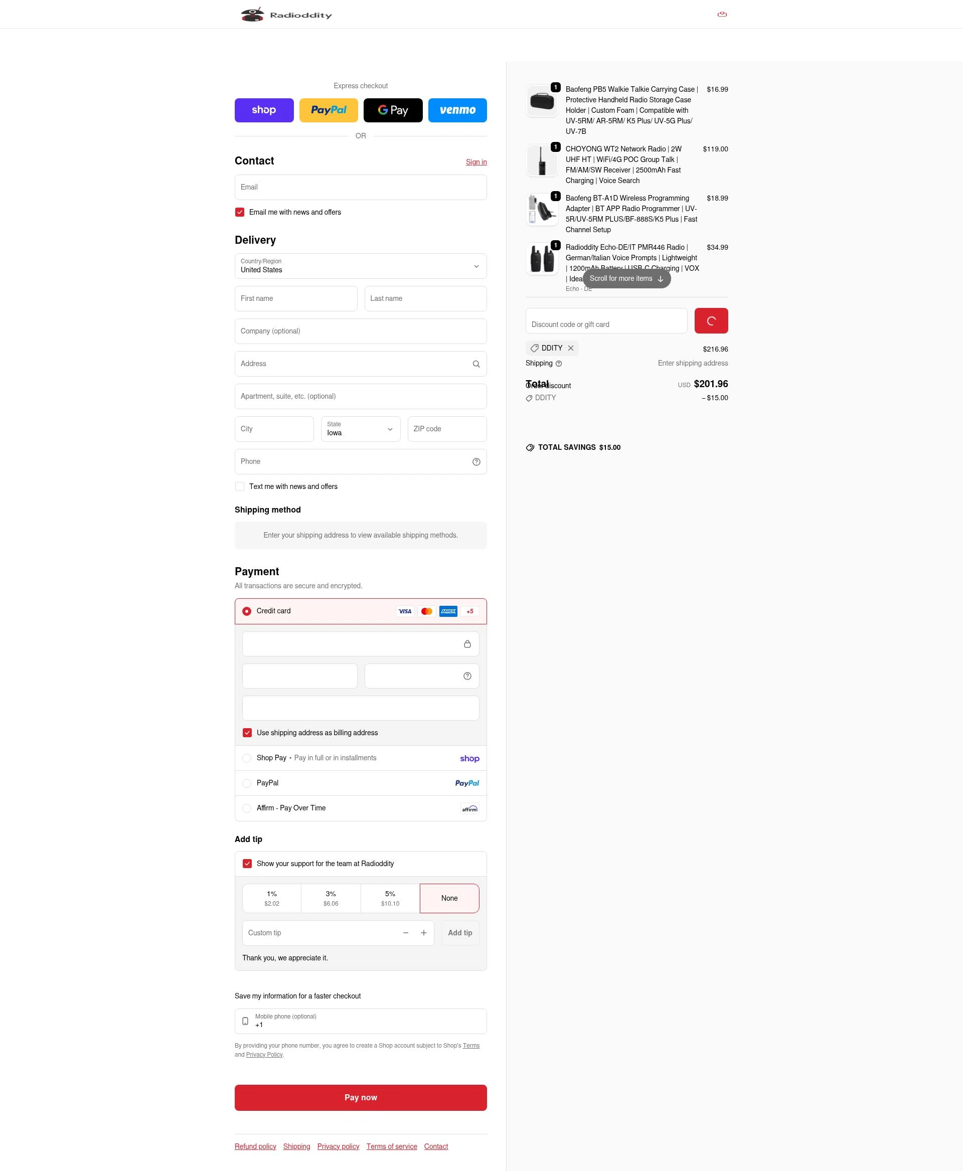 Radioddity checkout page showing Radioddity discount code box | Screenshot taken by SimplyCodes community member on Feb 11, 2026