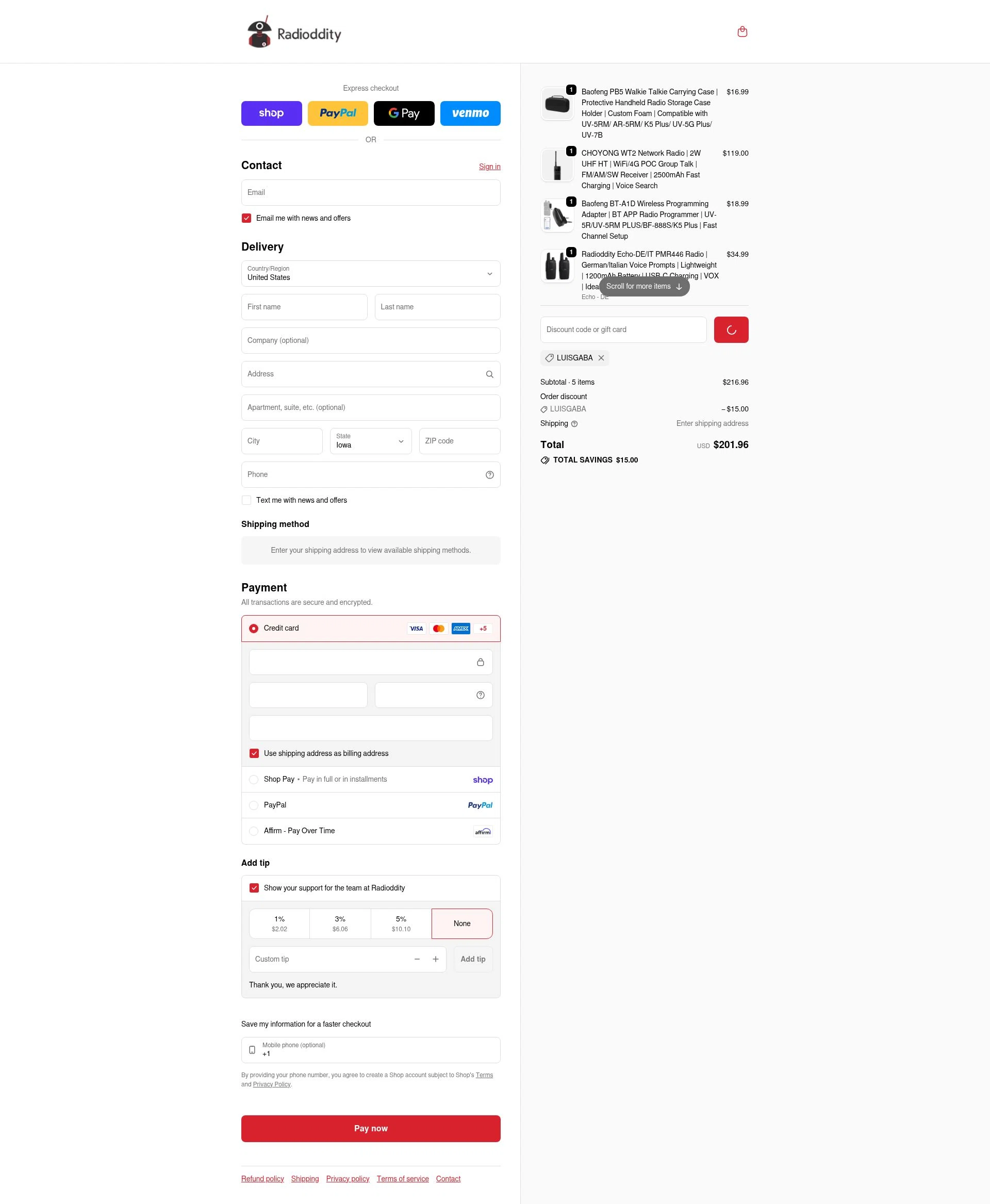 Radioddity checkout page showing Radioddity discount code box | Screenshot taken by SimplyCodes community member on Feb 11, 2026