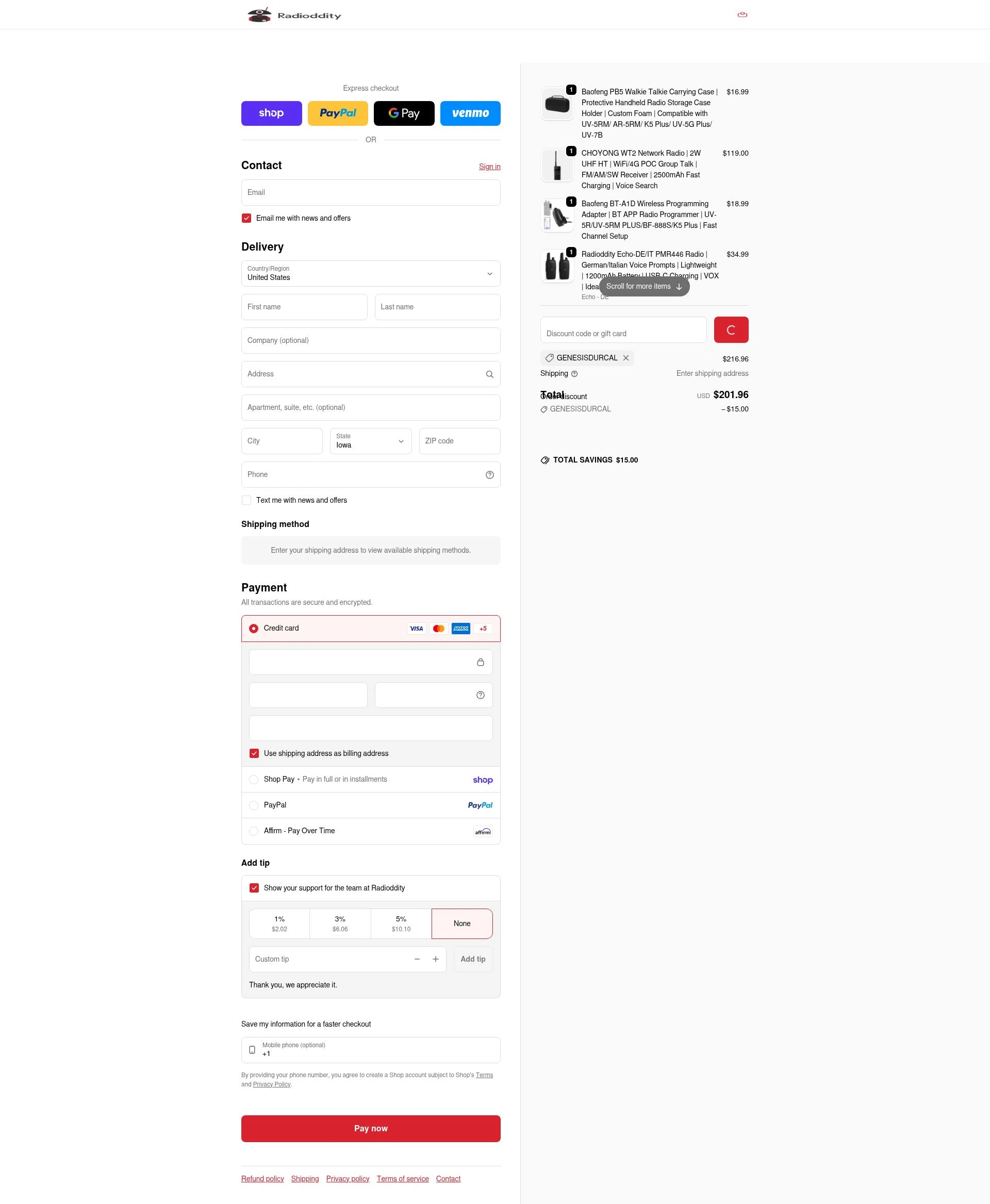 Radioddity checkout page showing Radioddity discount code box | Screenshot taken by SimplyCodes community member on Feb 11, 2026