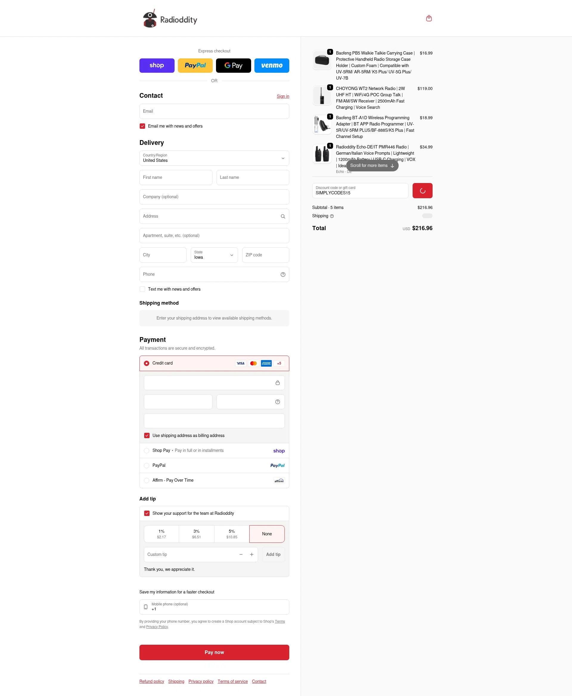 Radioddity checkout page showing Radioddity discount code box | Screenshot taken by SimplyCodes community member on Feb 11, 2026