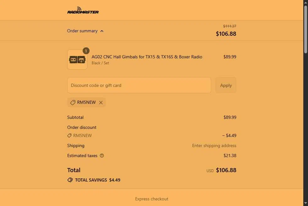 RadioMaster RC checkout page showing RadioMaster RC promo code box | Screenshot taken by SimplyCodes community member on Sep 6, 2025
