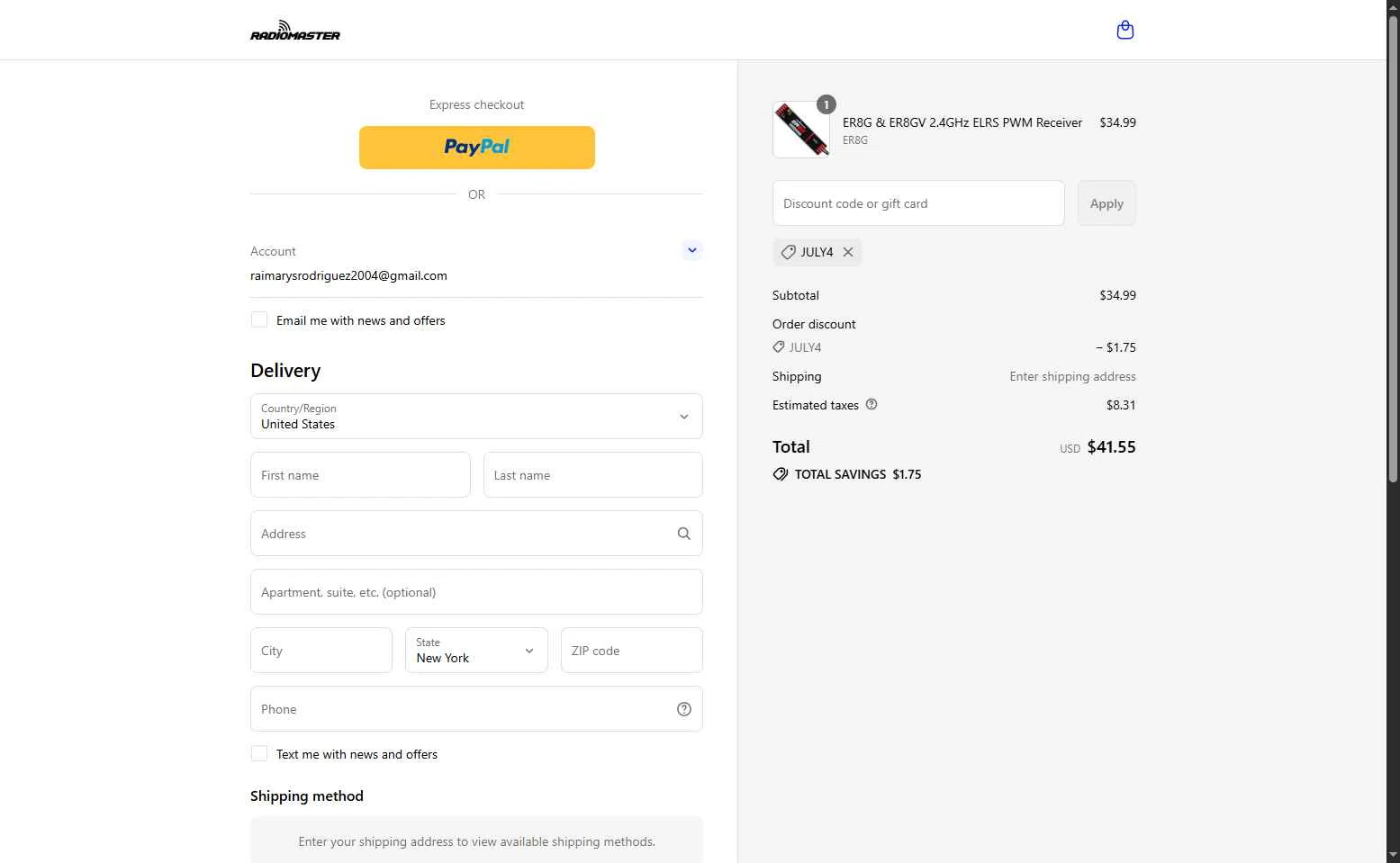 RadioMaster RC checkout page showing RadioMaster RC promo code box | Screenshot taken by SimplyCodes community member on Jul 4, 2025