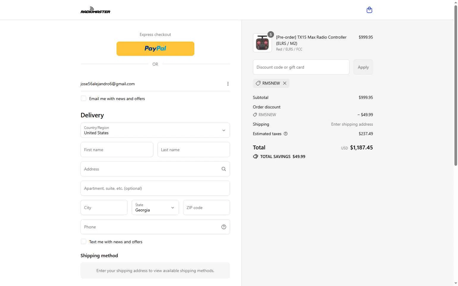 RadioMaster RC checkout page showing RadioMaster RC promo code box | Screenshot taken by SimplyCodes community member on Aug 4, 2025
