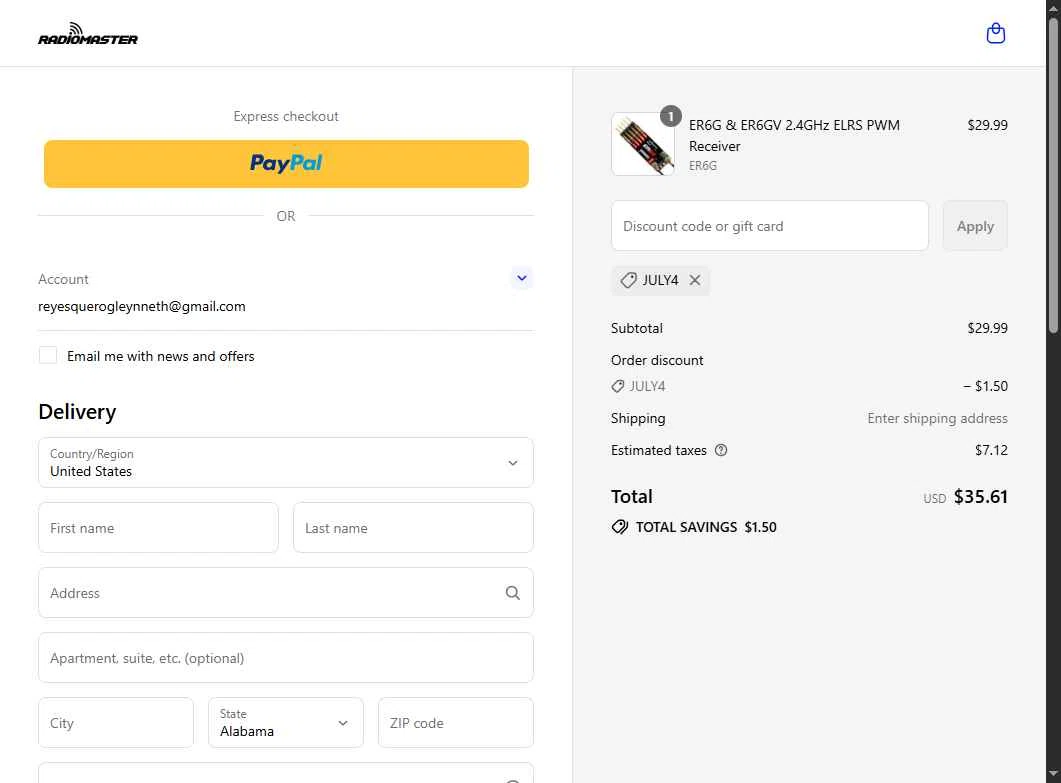 RadioMaster RC checkout page showing RadioMaster RC promo code box | Screenshot taken by SimplyCodes community member on Jul 4, 2025