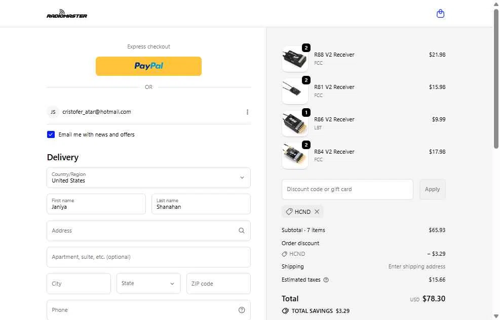 RadioMaster RC checkout page showing RadioMaster RC promo code box | Screenshot taken by SimplyCodes community member on Sep 30, 2025