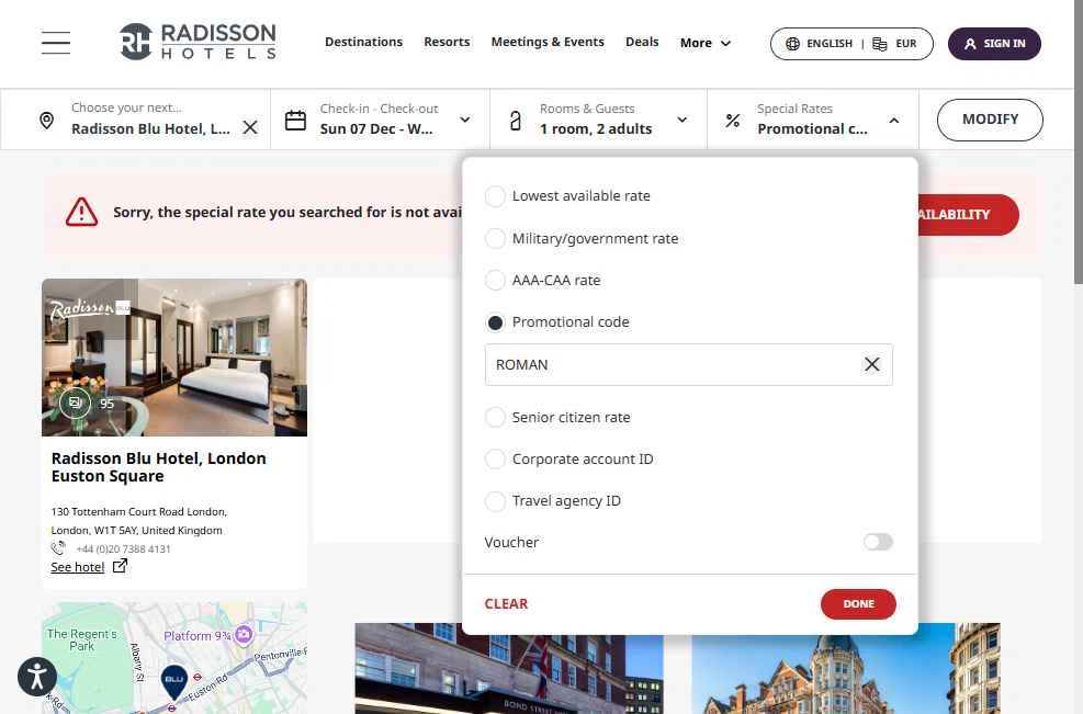 Radisson Hotels checkout page showing Radisson Hotels discount code box | Screenshot taken by SimplyCodes community member on Dec 5, 2025