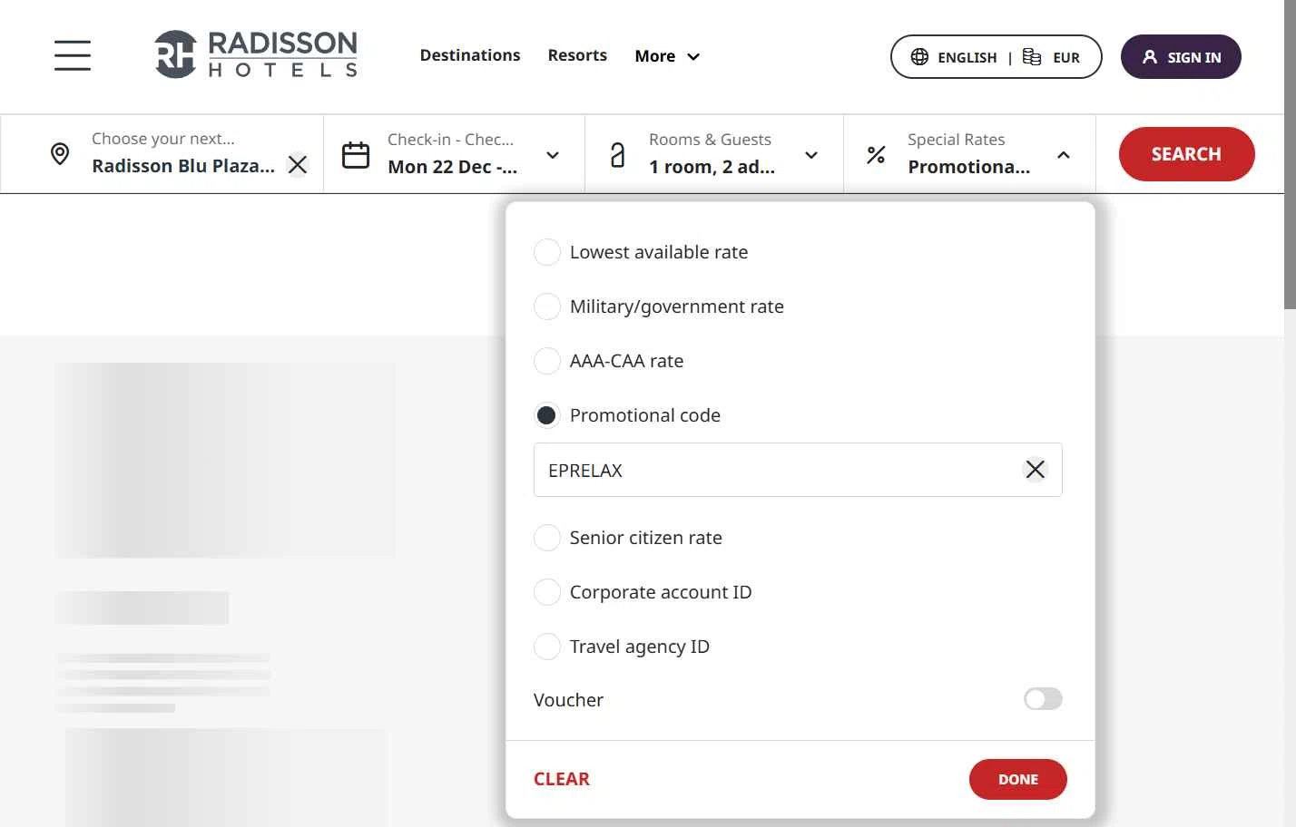 Radisson Hotels checkout page showing Radisson Hotels discount code box | Screenshot taken by SimplyCodes community member on Dec 22, 2025