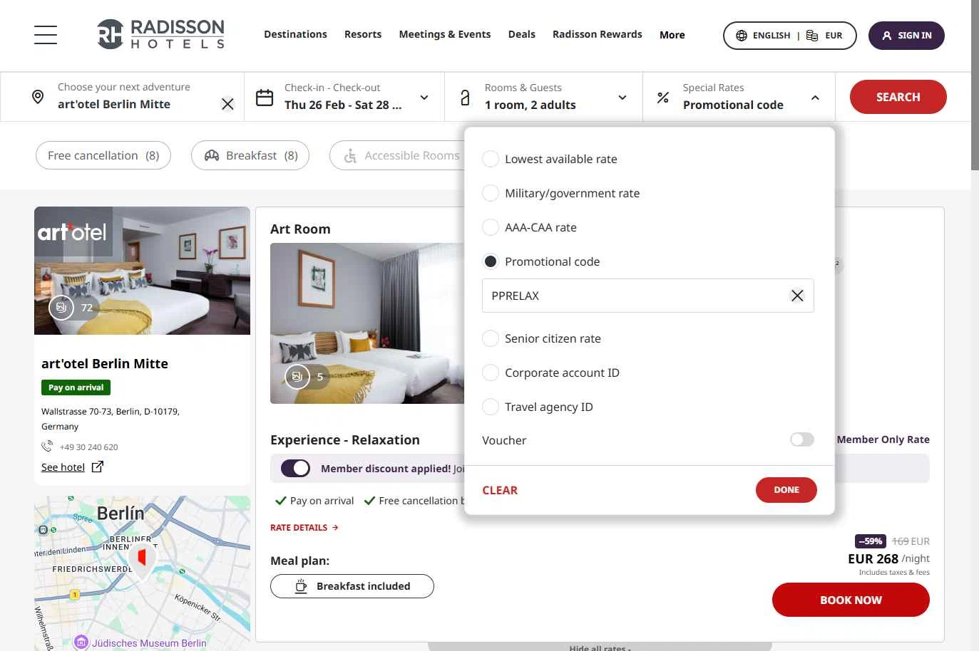 Radisson Hotels checkout page showing Radisson Hotels discount code box | Screenshot taken by SimplyCodes community member on Jan 27, 2026