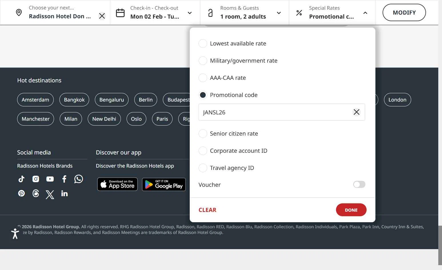 Radisson Hotels checkout page showing Radisson Hotels discount code box | Screenshot taken by SimplyCodes community member on Jan 25, 2026