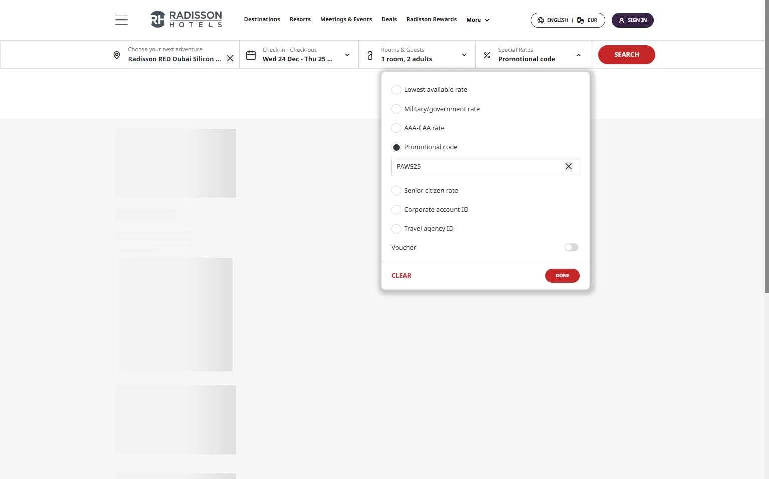 Radisson Hotels checkout page showing Radisson Hotels discount code box | Screenshot taken by SimplyCodes community member on Dec 24, 2025