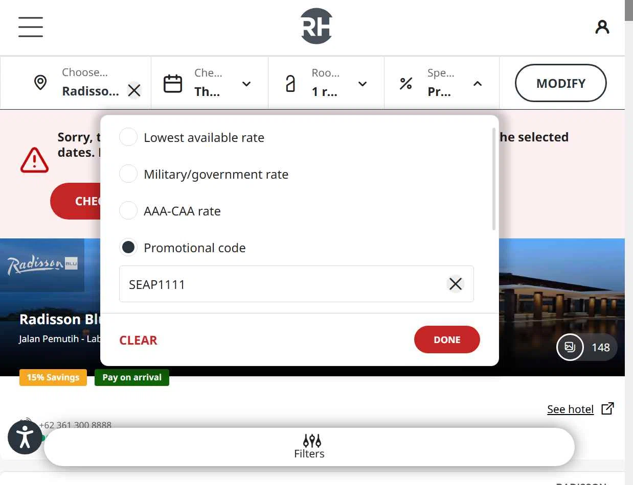 Radisson Hotels checkout page showing Radisson Hotels discount code box | Screenshot taken by SimplyCodes community member on Dec 3, 2025