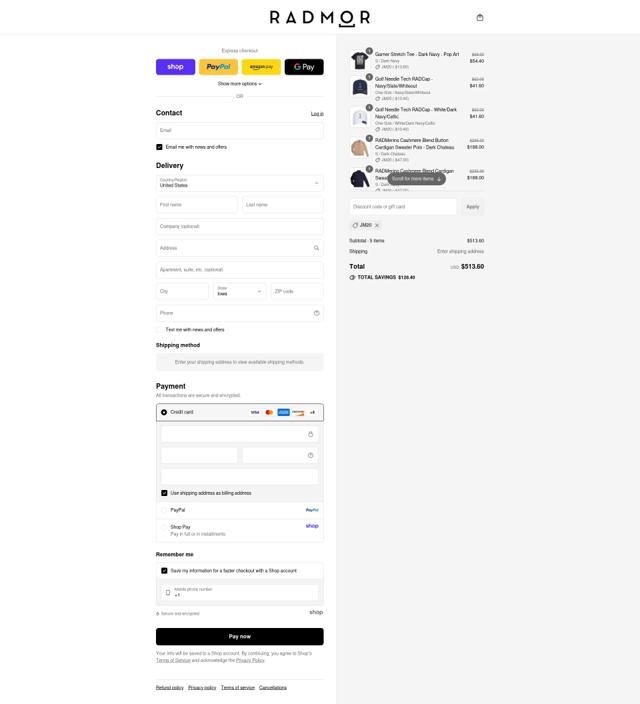 Radmor Golf checkout page showing Radmor Golf promo code box | Screenshot taken by SimplyCodes community member on Sep 8, 2025